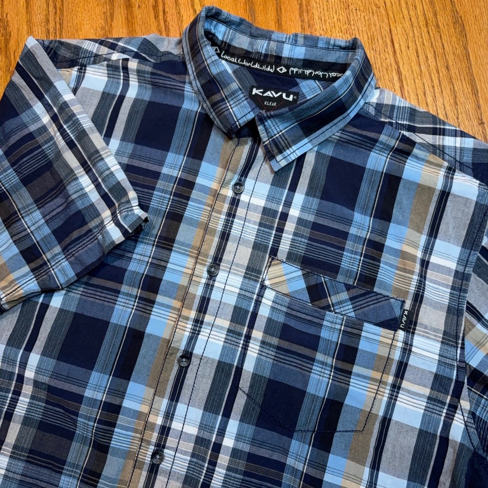 Kavu‎ Button Up Shirt Mens XXL Blue Plaid Outdoor Short Sleeve Cotton